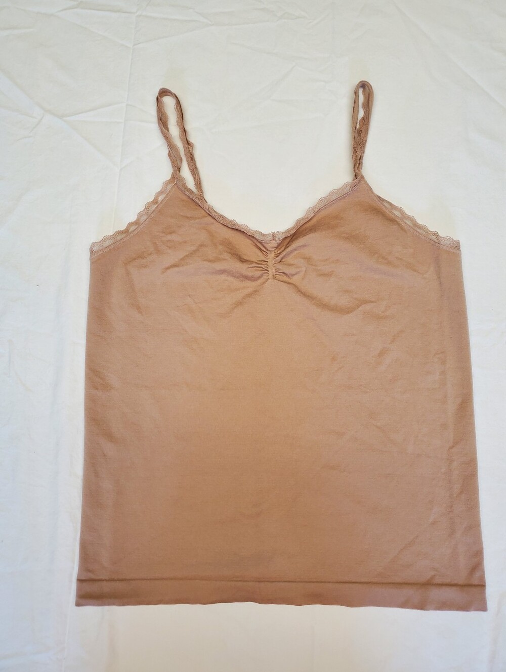 Fitwell Seamless Cami Large Nude Tan Lace Trim Ruched Layering Tank Smoothing